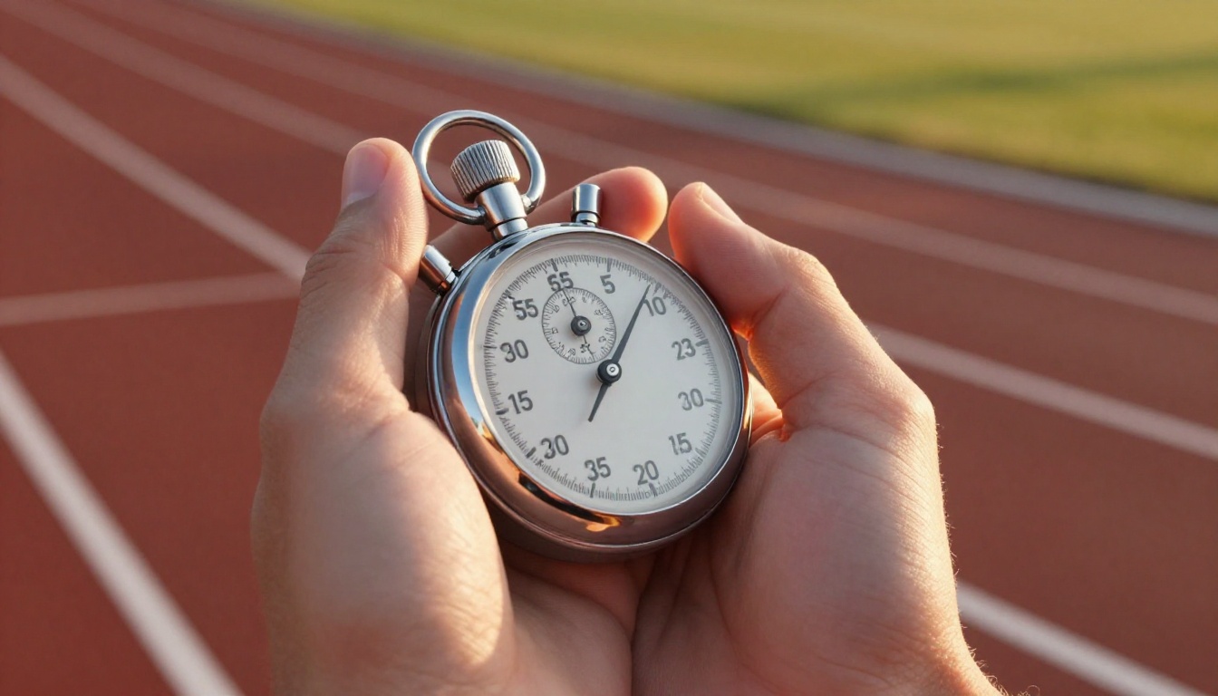 A hand holding a silver stopwatch at the finish line of a running track