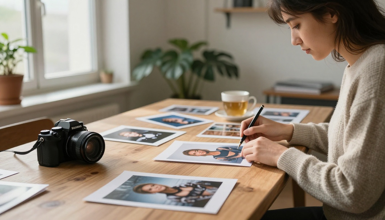 A photographer arranging printed photos across a table in a sunlit loft