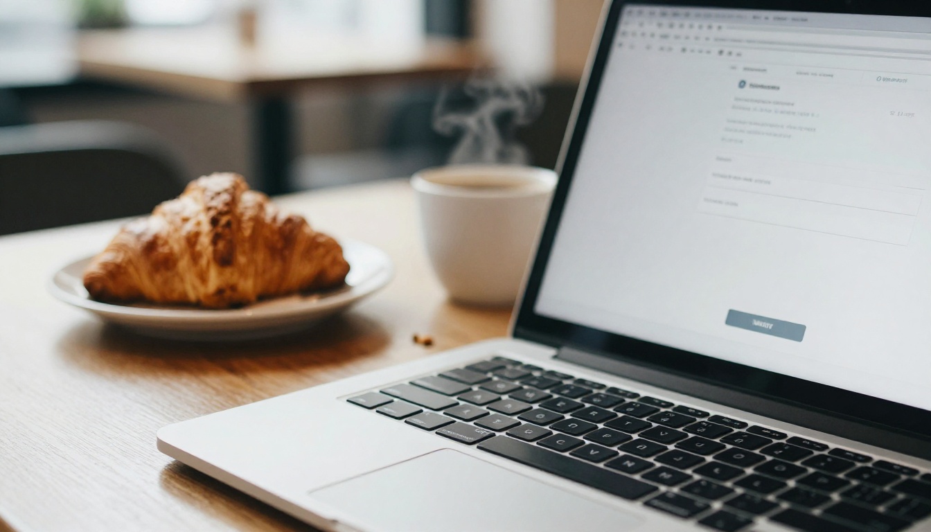 Laptop in a cafe showing a simple image generator page with a prompt field