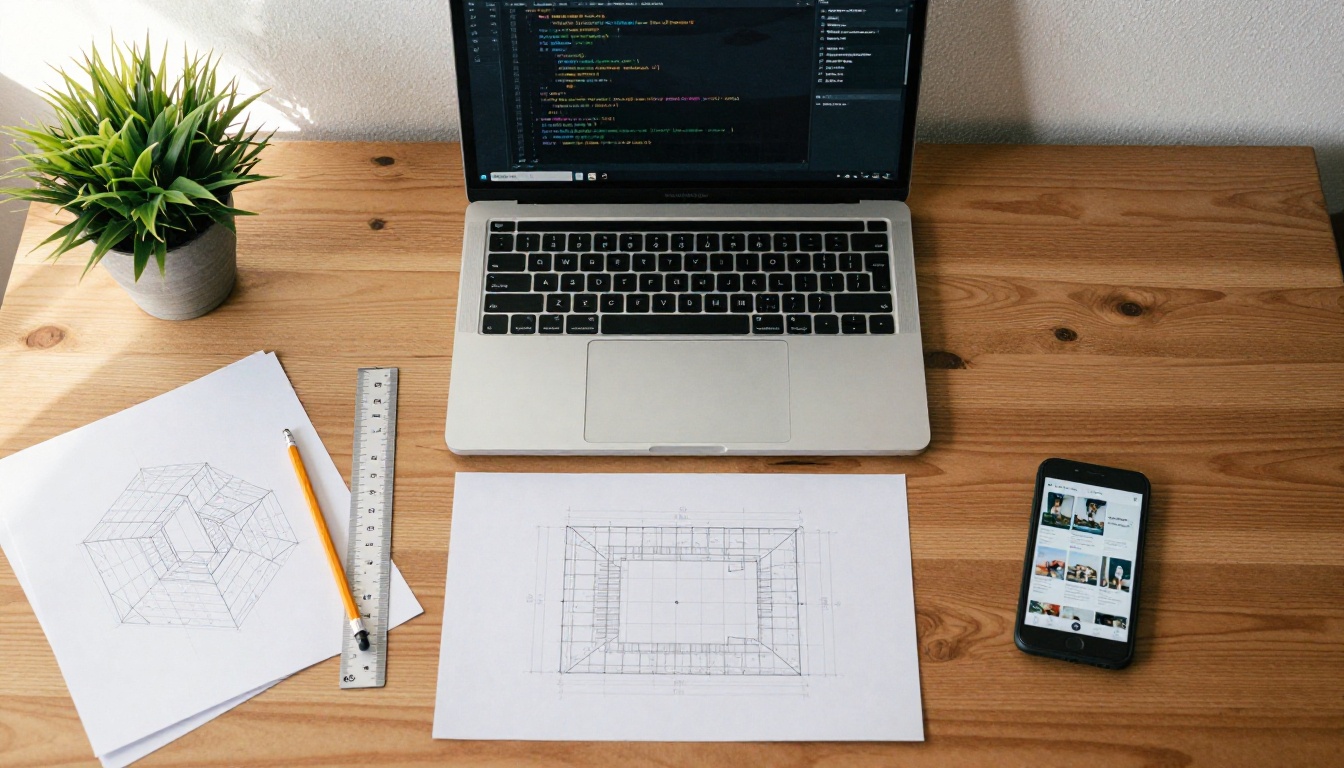 Top-down view of a desk with a wireframe, laptop and phone showing a photo gallery