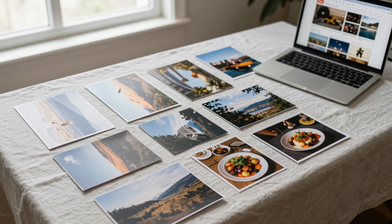Printed photographs laid out in a grid beside a laptop showing a gallery page