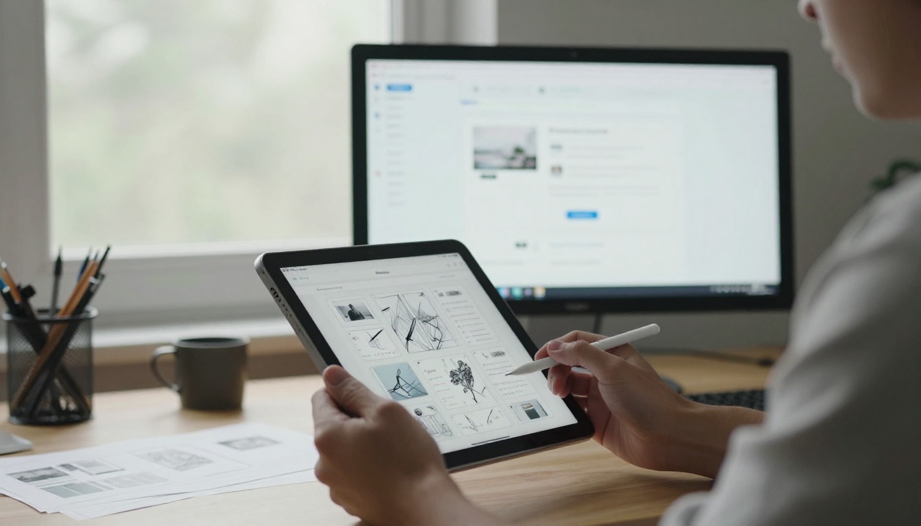 Designer sketching a card layout for an image gallery on a tablet