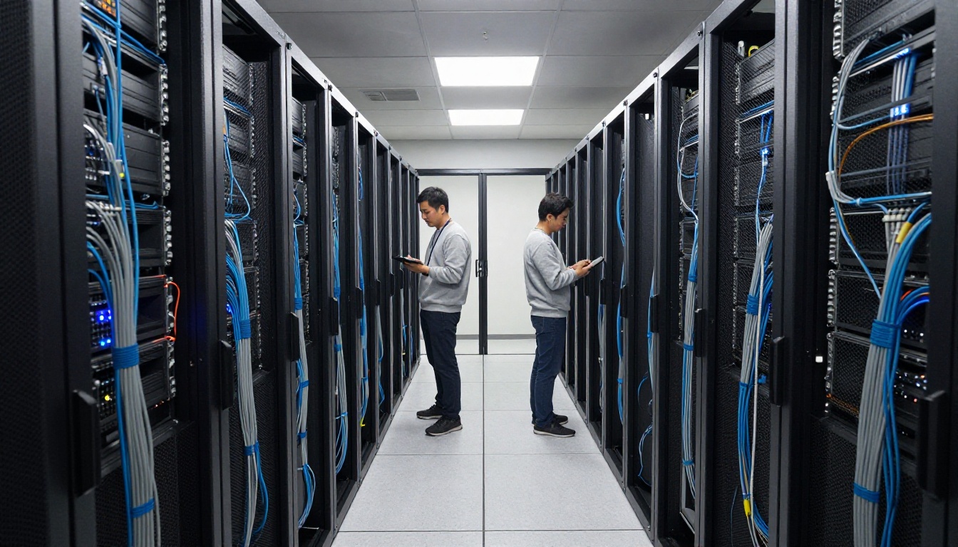 Server racks in a quiet data center aisle
