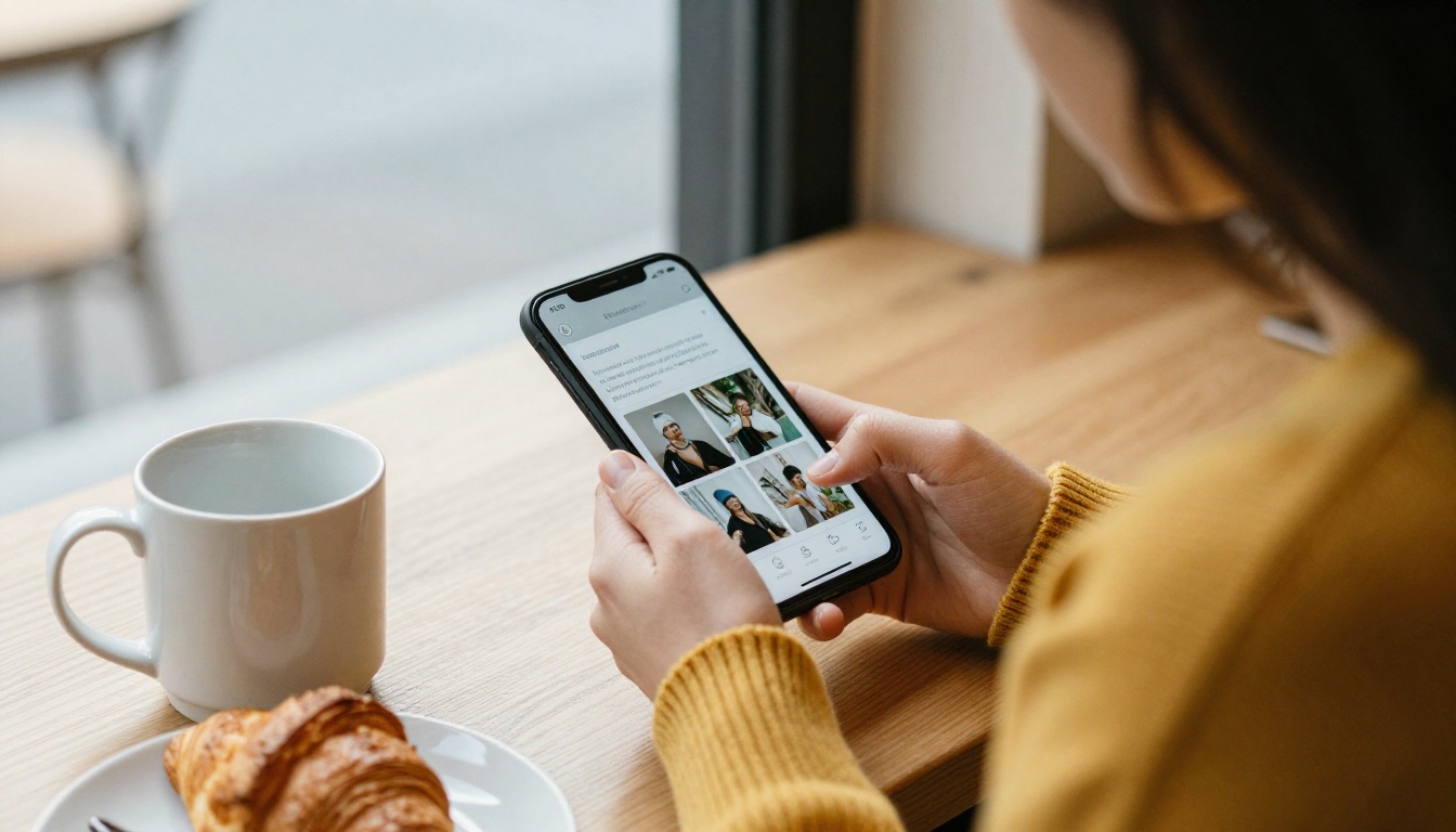 A woman typing a short description into a photo app on her phone at a cafe window table