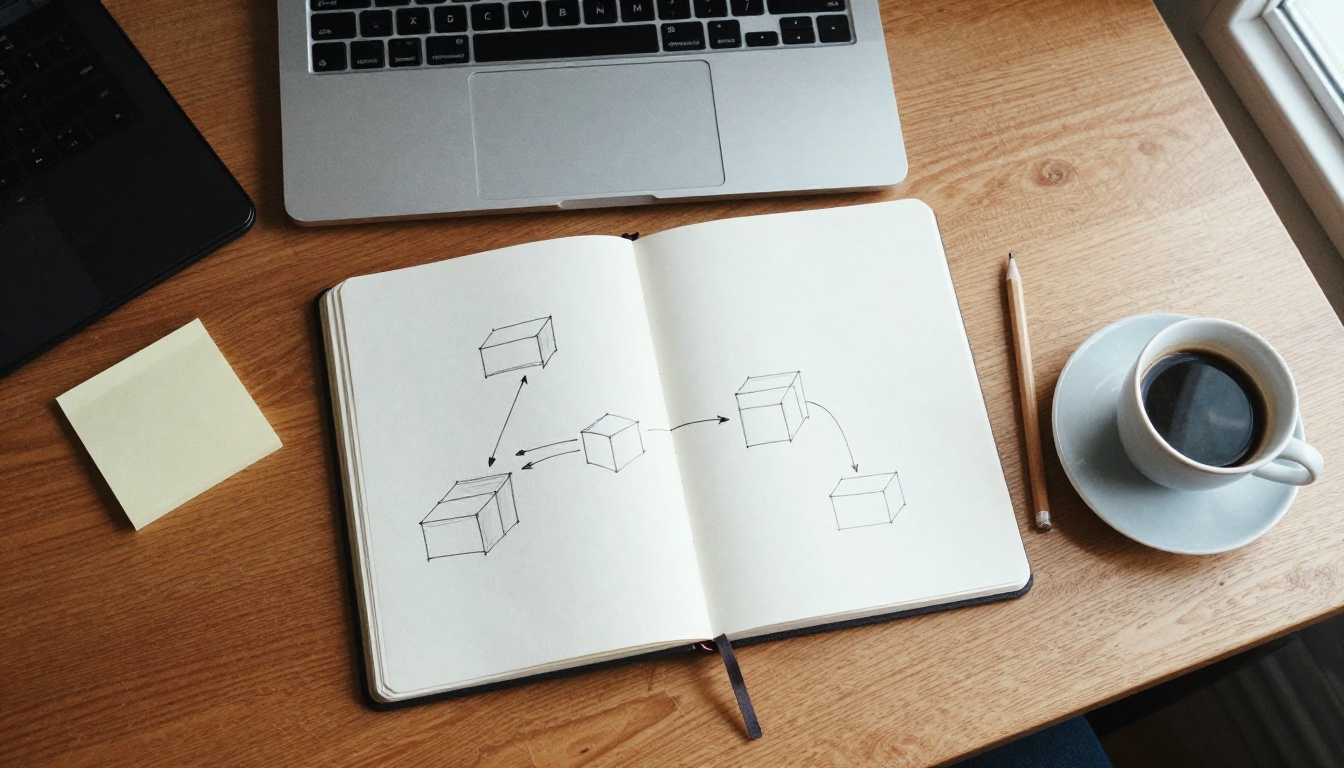 Aerial view of a wooden desk with a hand-drawn architecture sketch, laptop, sticky notes and an espresso cup