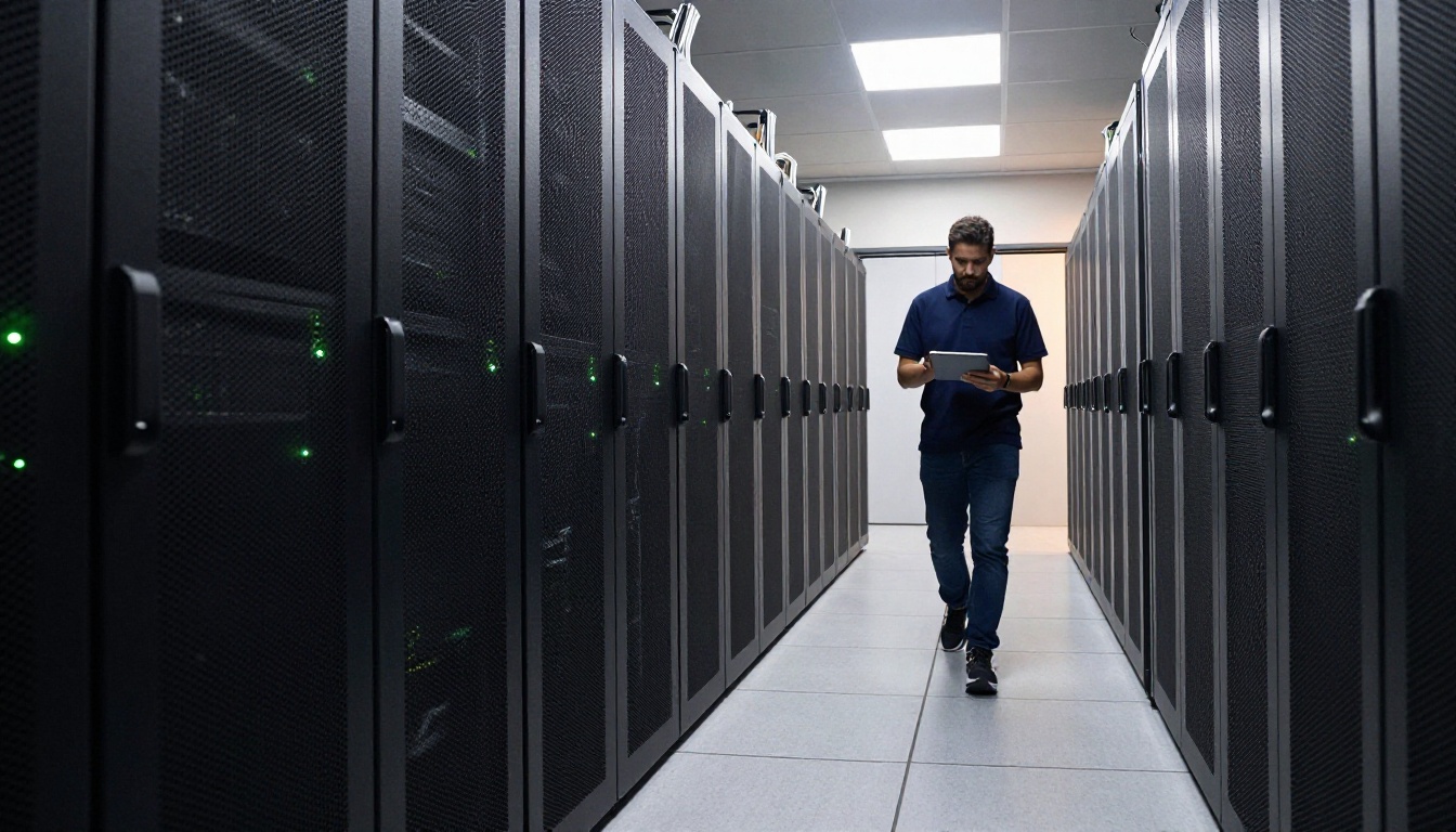 Low-angle view down a clean data center aisle between tall black server racks