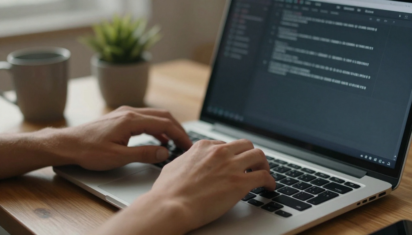Close-up of hands typing on a laptop with a dark terminal window on the screen