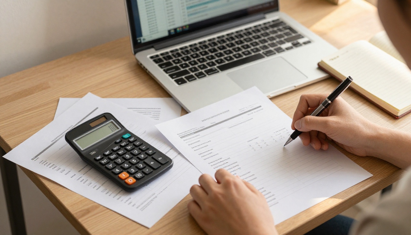 A desk with a calculator, printed invoices, a laptop spreadsheet and a hand holding a pen