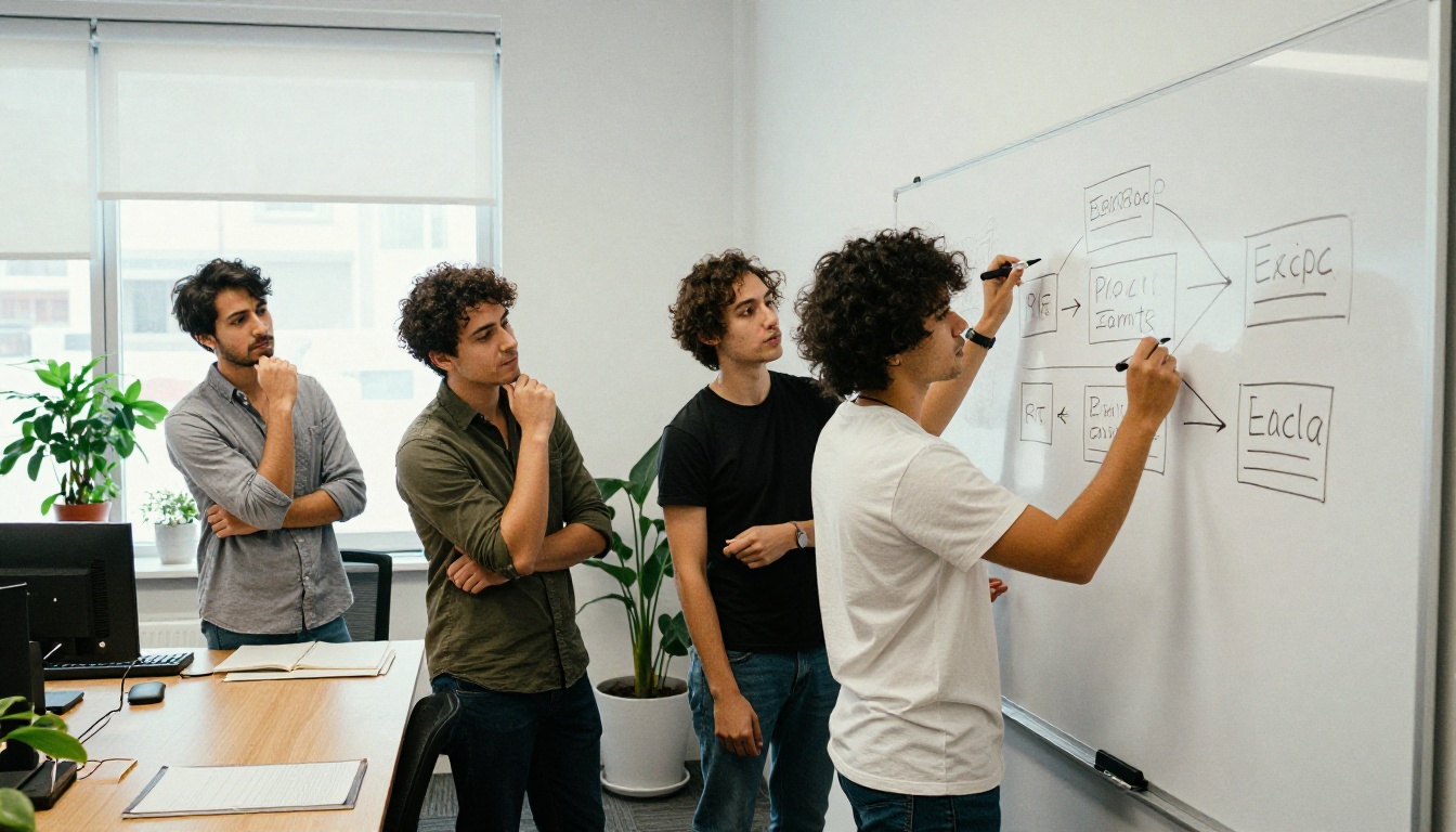 Three colleagues at a whiteboard drawing arrows between hand-drawn boxes