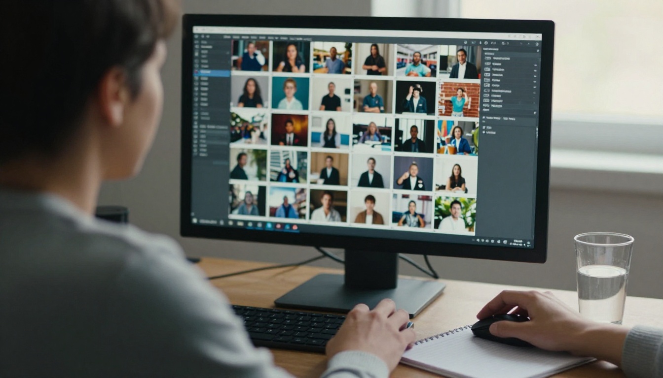 A reviewer in a gray sweater looking at a monitor filled with a grid of photo thumbnails