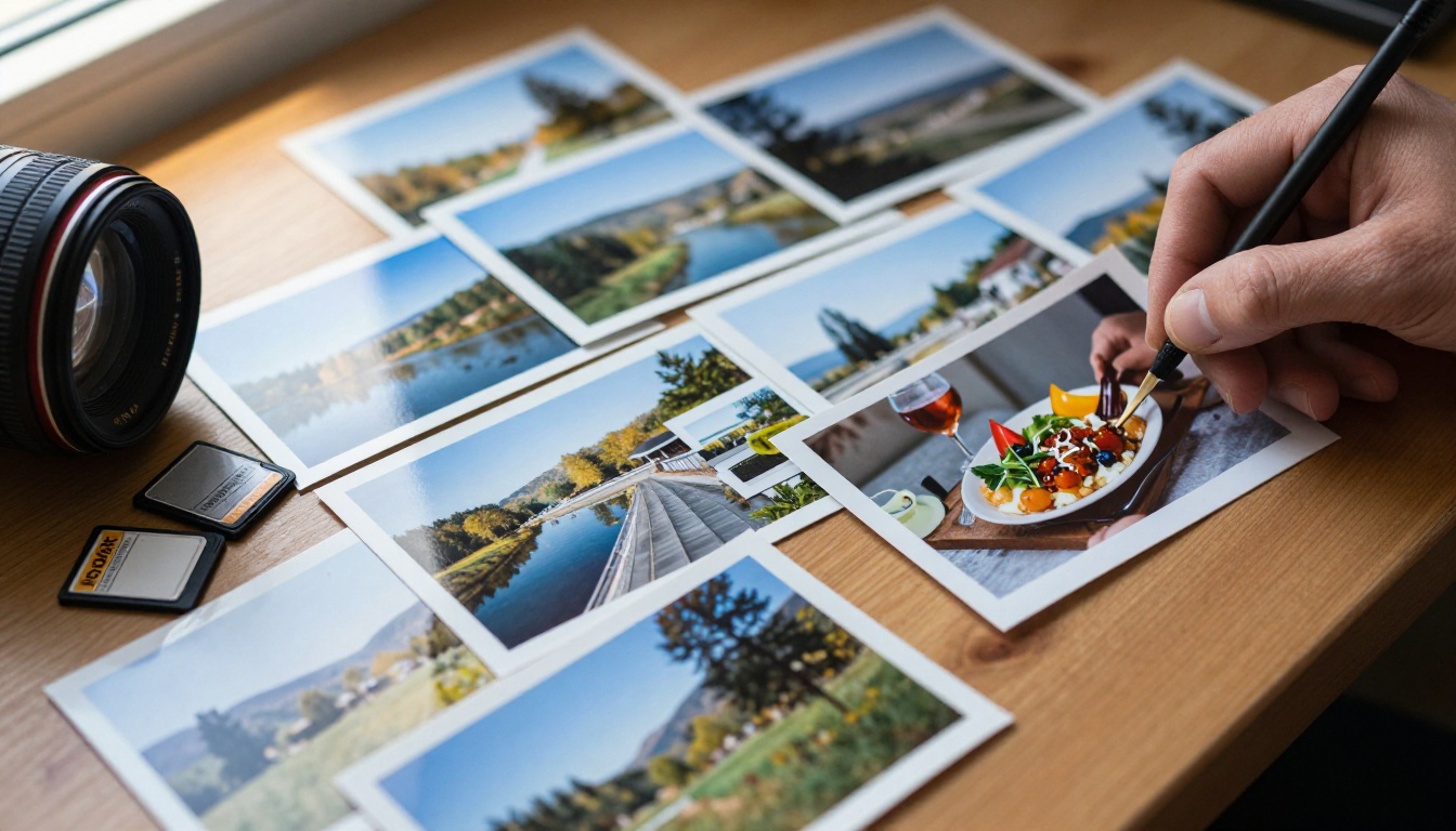 A dozen printed photographs fanned across a wooden table beside an external hard drive and an SD card