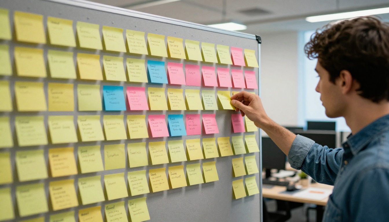 A planning board with columns of sticky notes grouped by weekday and a developer adding one more note