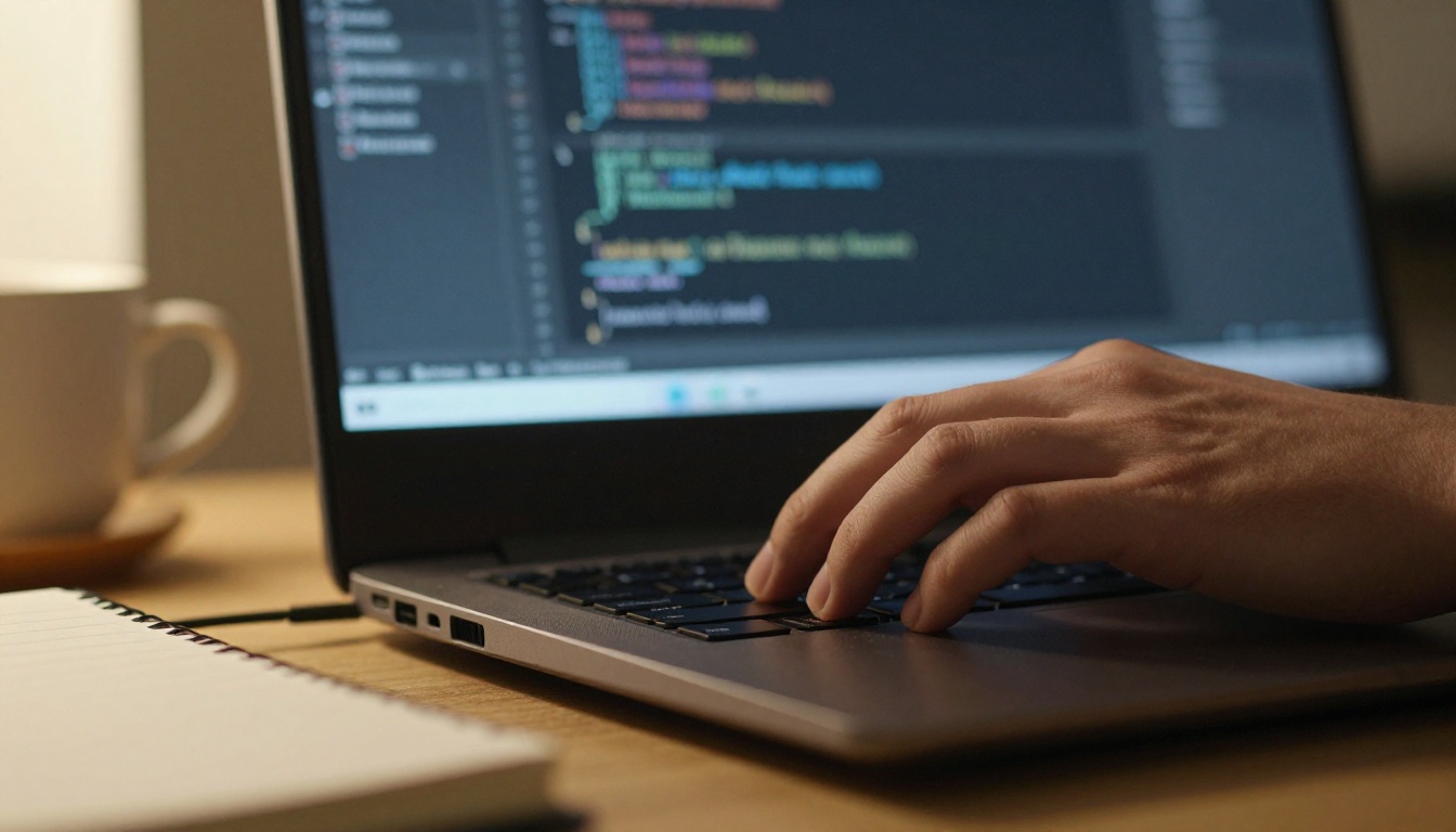 Developer hands typing code on a laptop in front of a monitor
