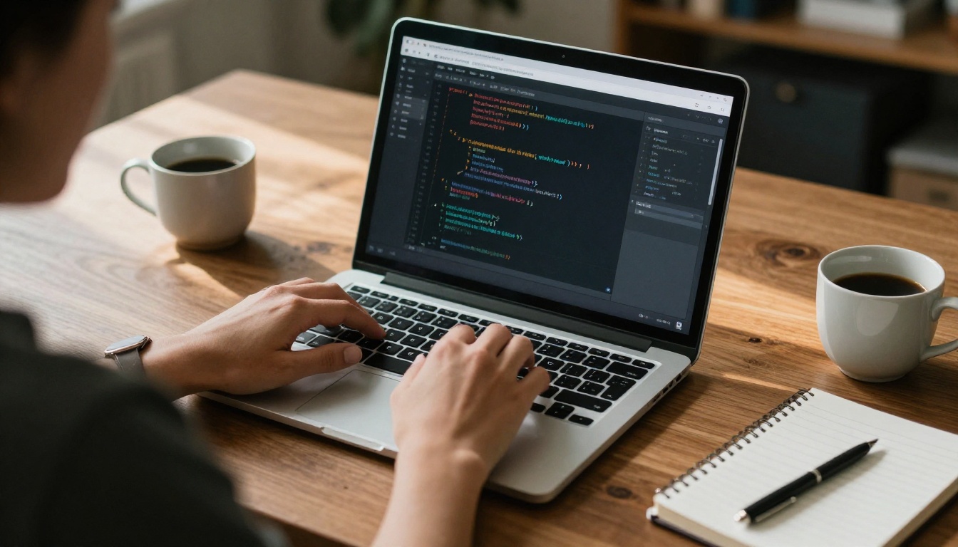 Developer hands typing at a laptop with a code editor and chat panel open