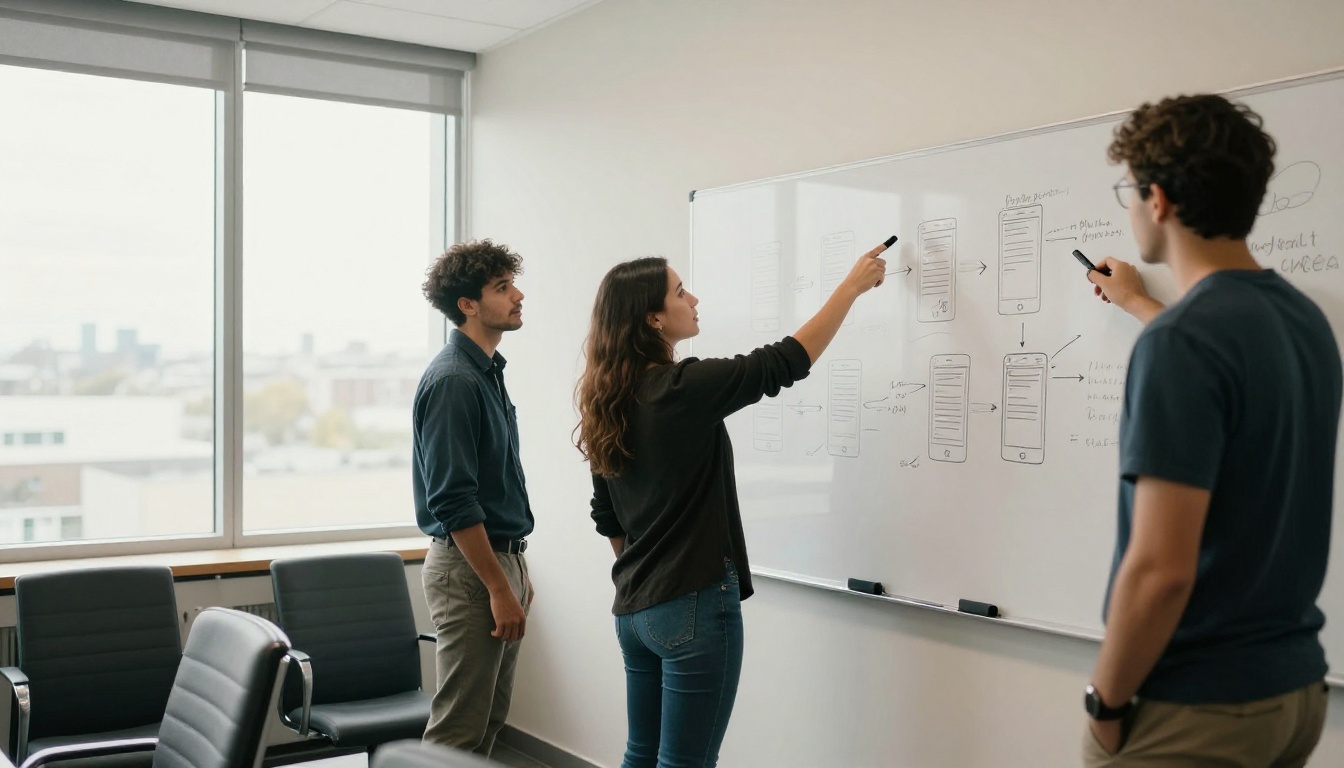 Three colleagues planning app screens on a whiteboard in a glass meeting room