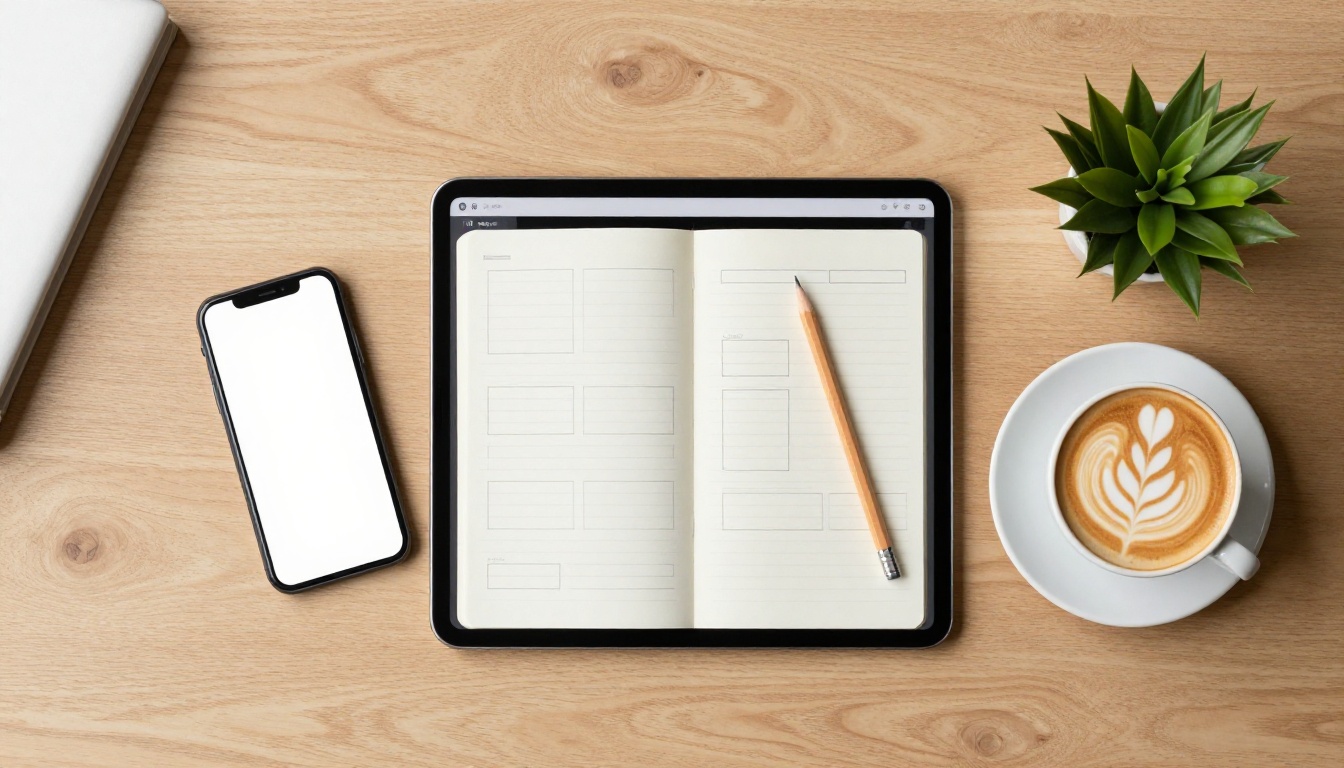 Top-down view of a desk with a tablet wireframe, notebook sketches and a coffee
