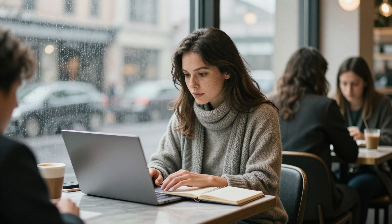 Freelance designer working on an app at a rainy window table in a cafe