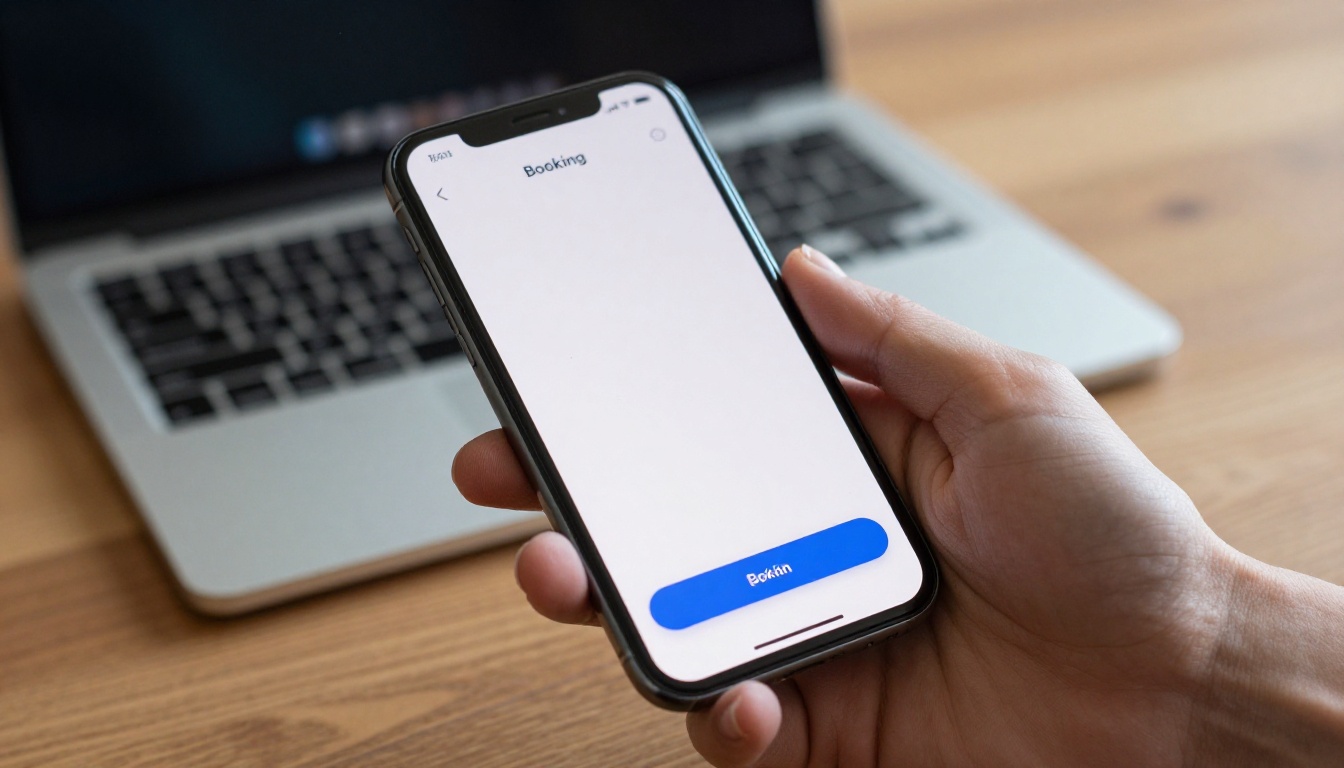 Hand holding a phone showing a simple booking app prototype
