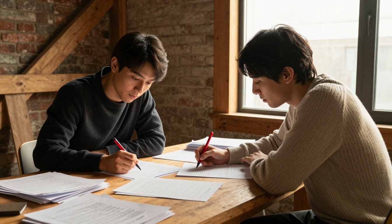 Two engineers reviewing printed code pages with a red pen at a timber table
