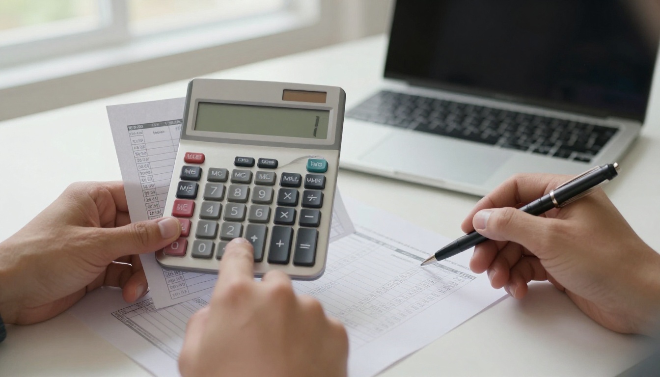 Founder's hands with a calculator and a printed budget sheet on a tidy desk