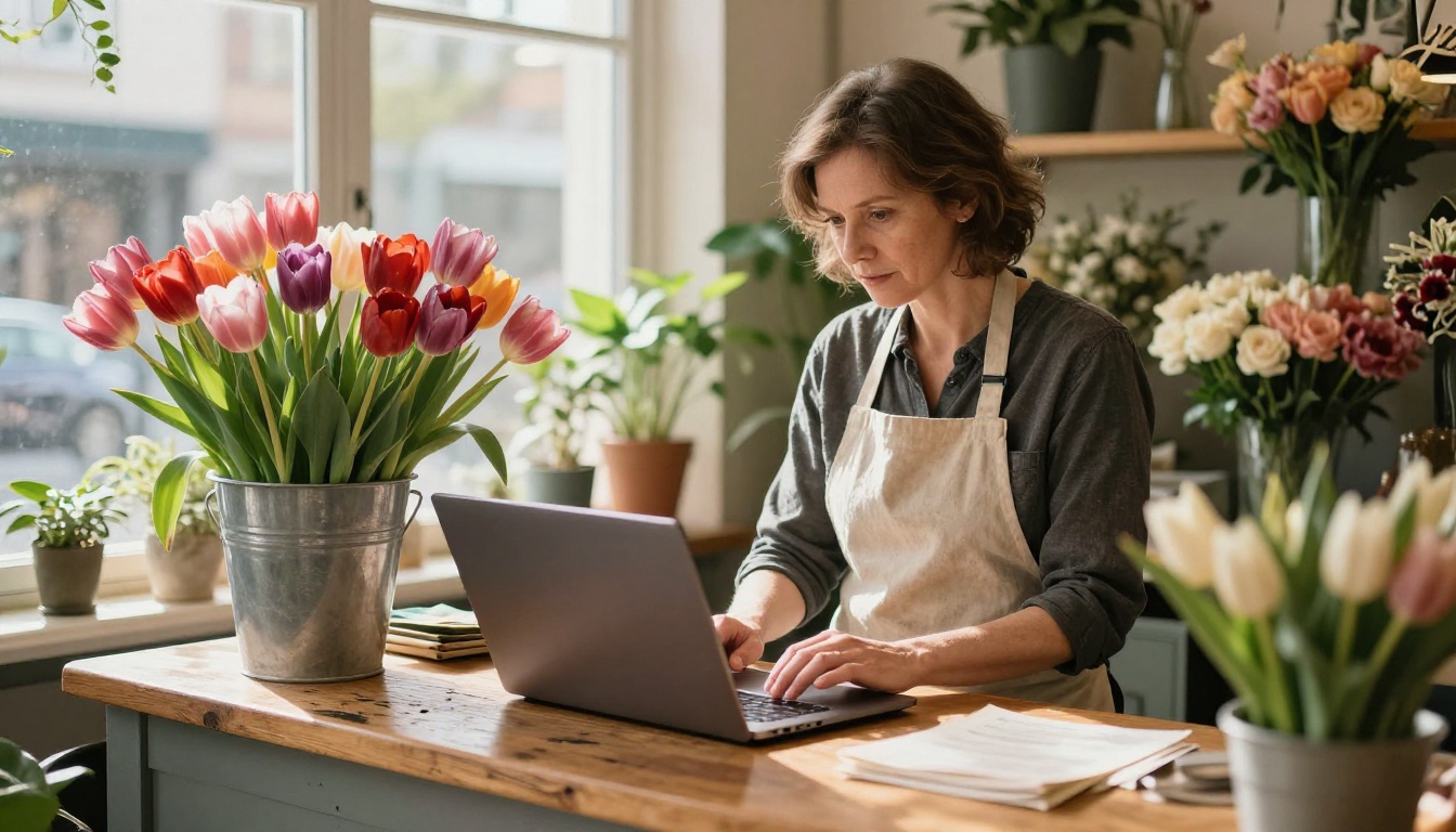 Flower shop owner building her first app on a laptop at the shop counter