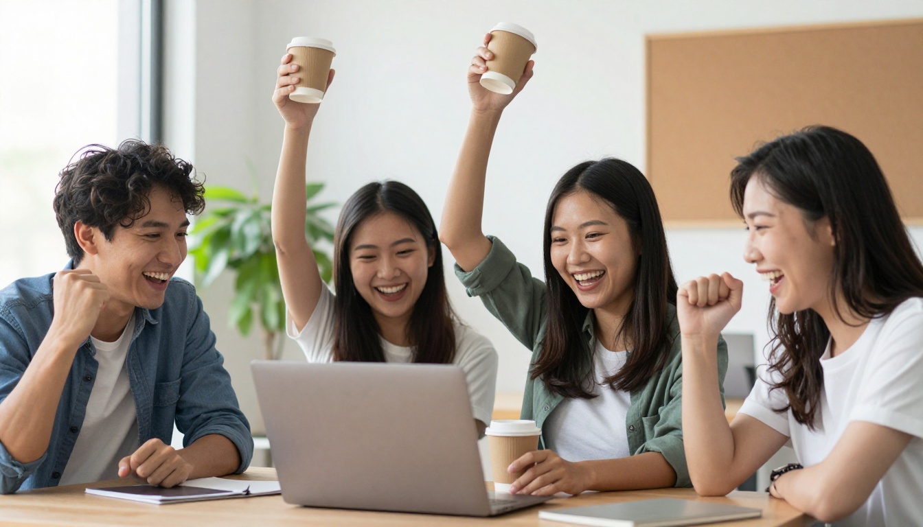 Four teammates celebrating quietly around a laptop after shipping an app