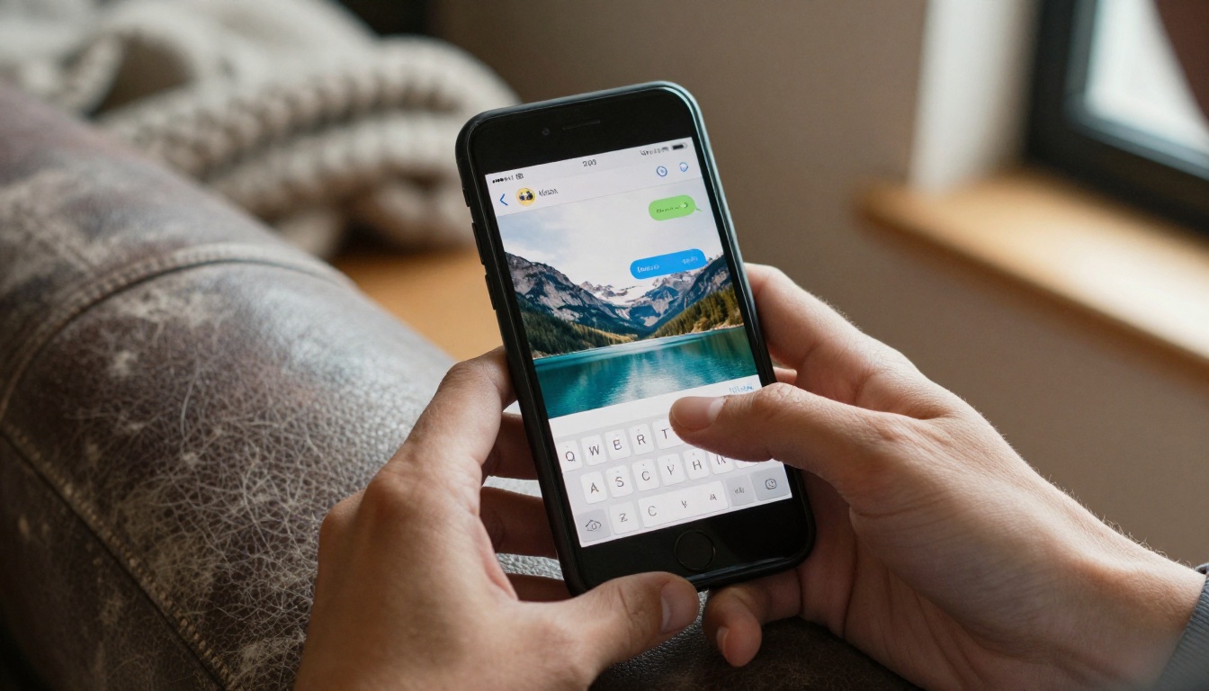 A person holding a smartphone with a chat thread that shows a landscape photo as the latest reply