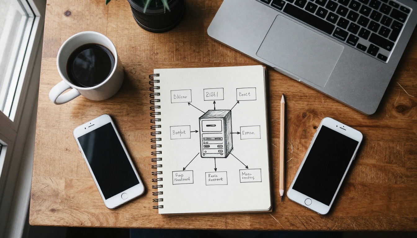 Overhead view of a desk with a laptop, a phone and a notebook sketch of how a chat message reaches a server