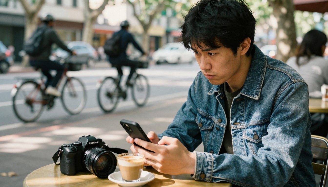 A photographer at a cafe table scrolling a phone with a doubtful expression