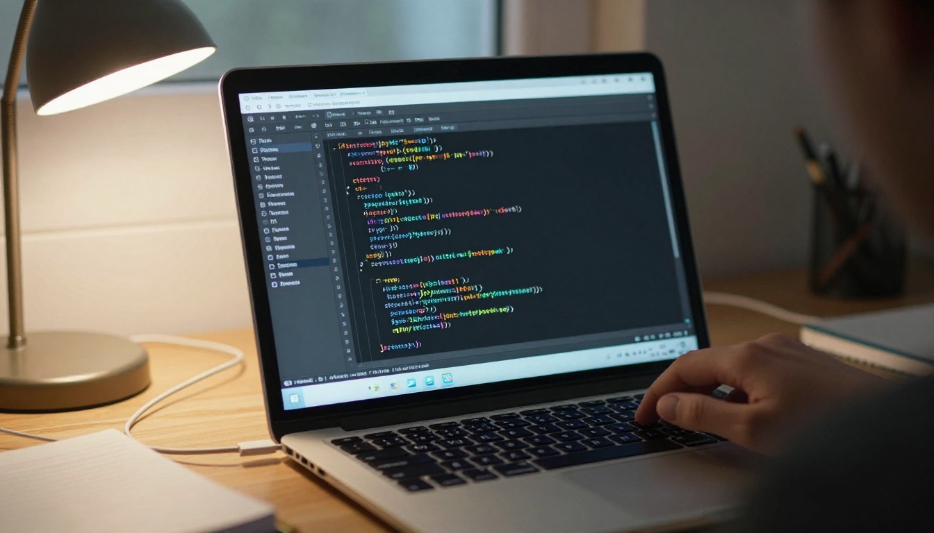 A laptop screen full of Python code with a programmer's hand on the trackpad