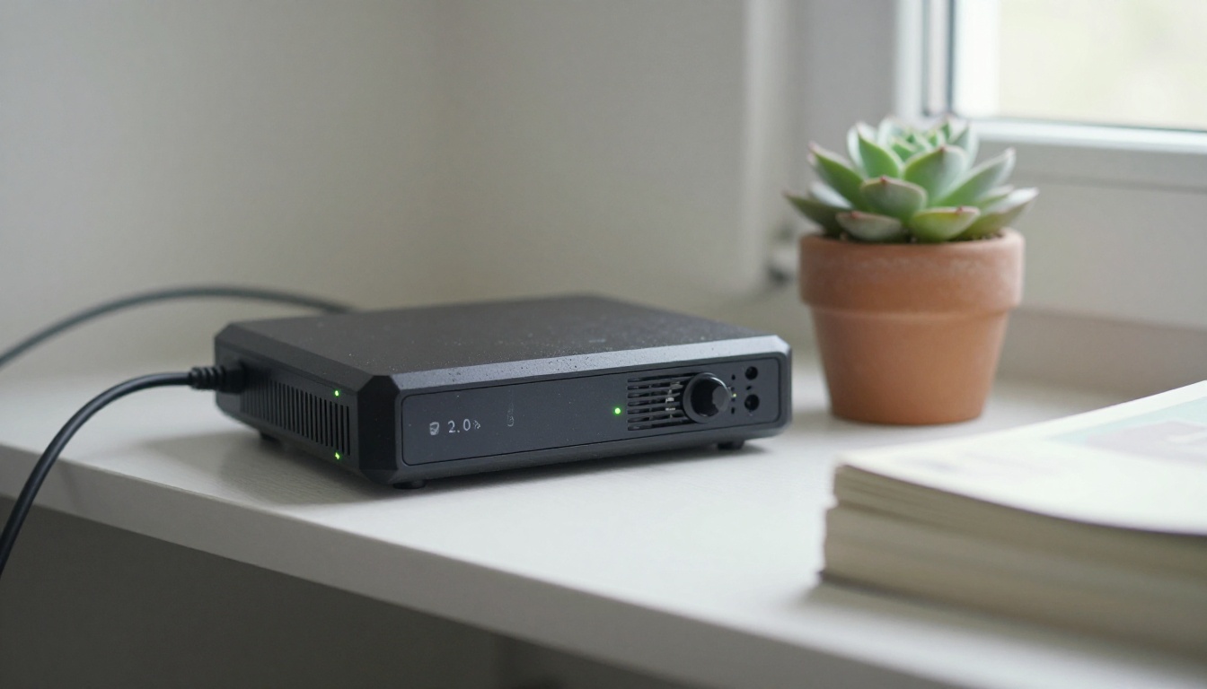 A small single-board computer next to a wifi router on a home office shelf