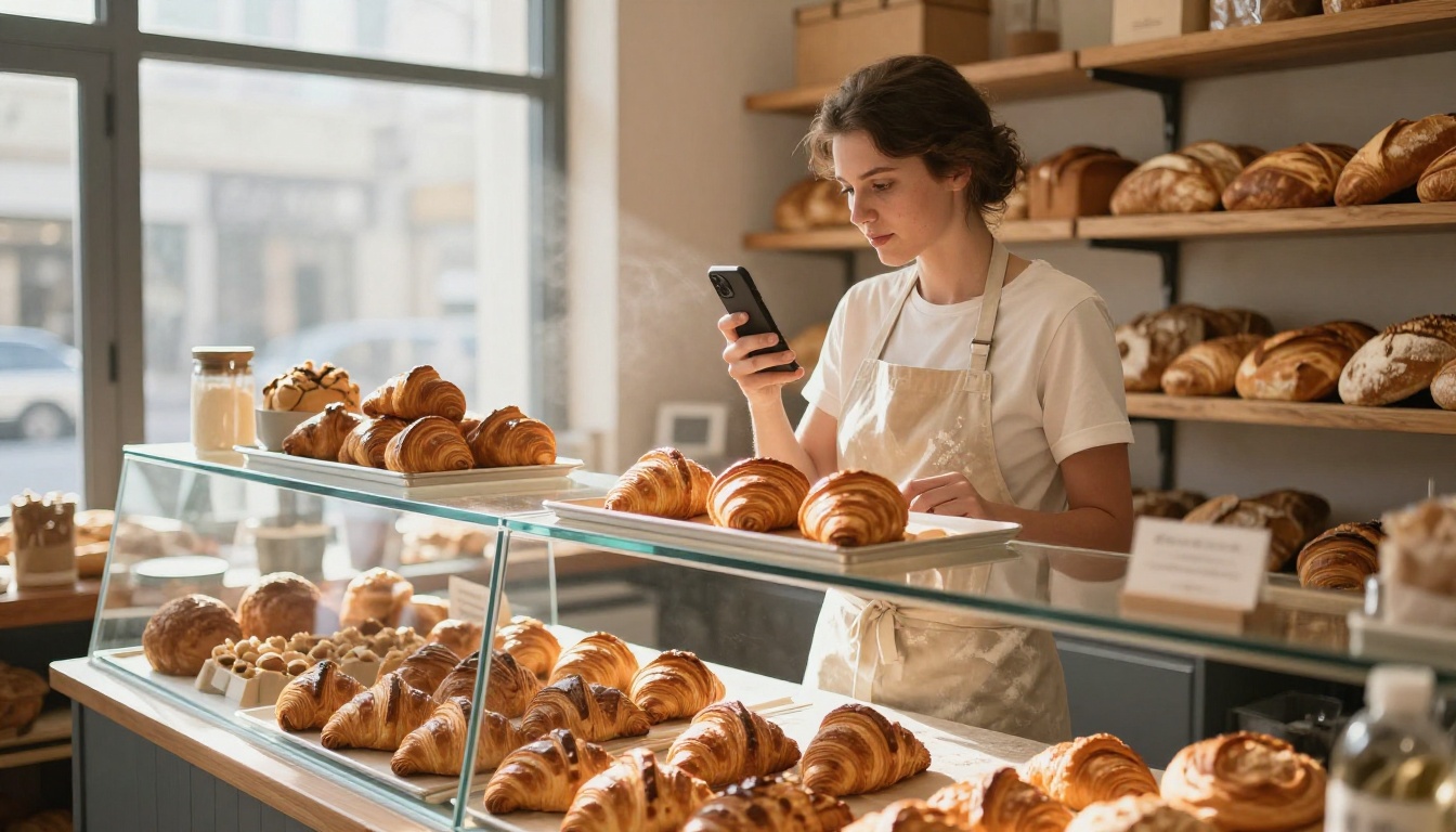 A bakery owner photographing a tray of croissants at her shop counter