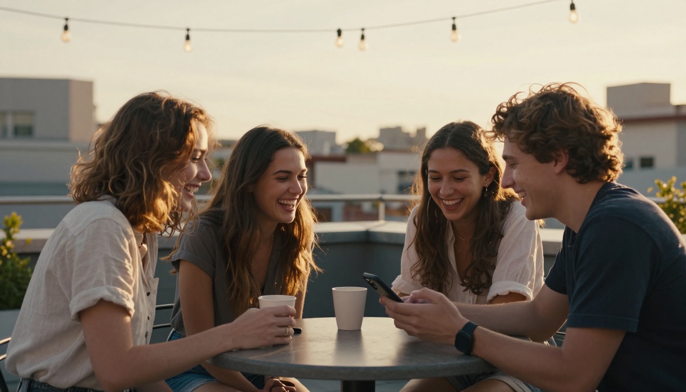 Four friends laughing over a phone on a rooftop terrace at golden hour