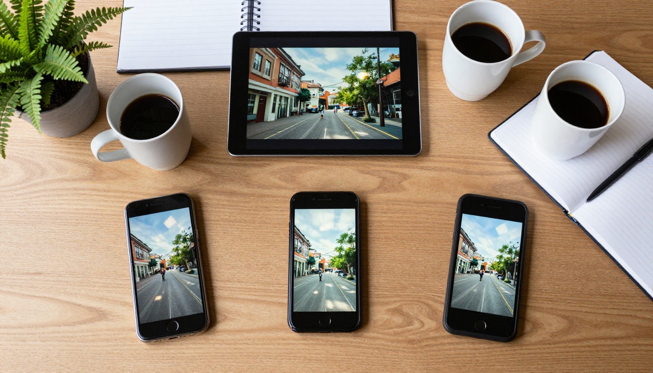Top-down view of phones and a tablet on a table, each showing a different photo