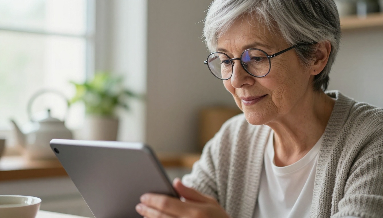 A woman with silver hair reviewing generated images on a tablet at her kitchen table