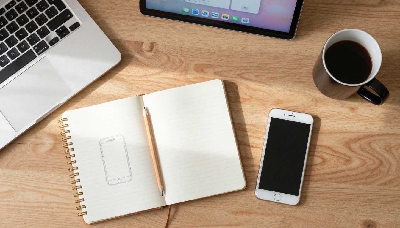 Overhead view of a desk with a laptop, a notebook of phone wireframes and a coffee mug, the workspace of someone building an app with Lovable