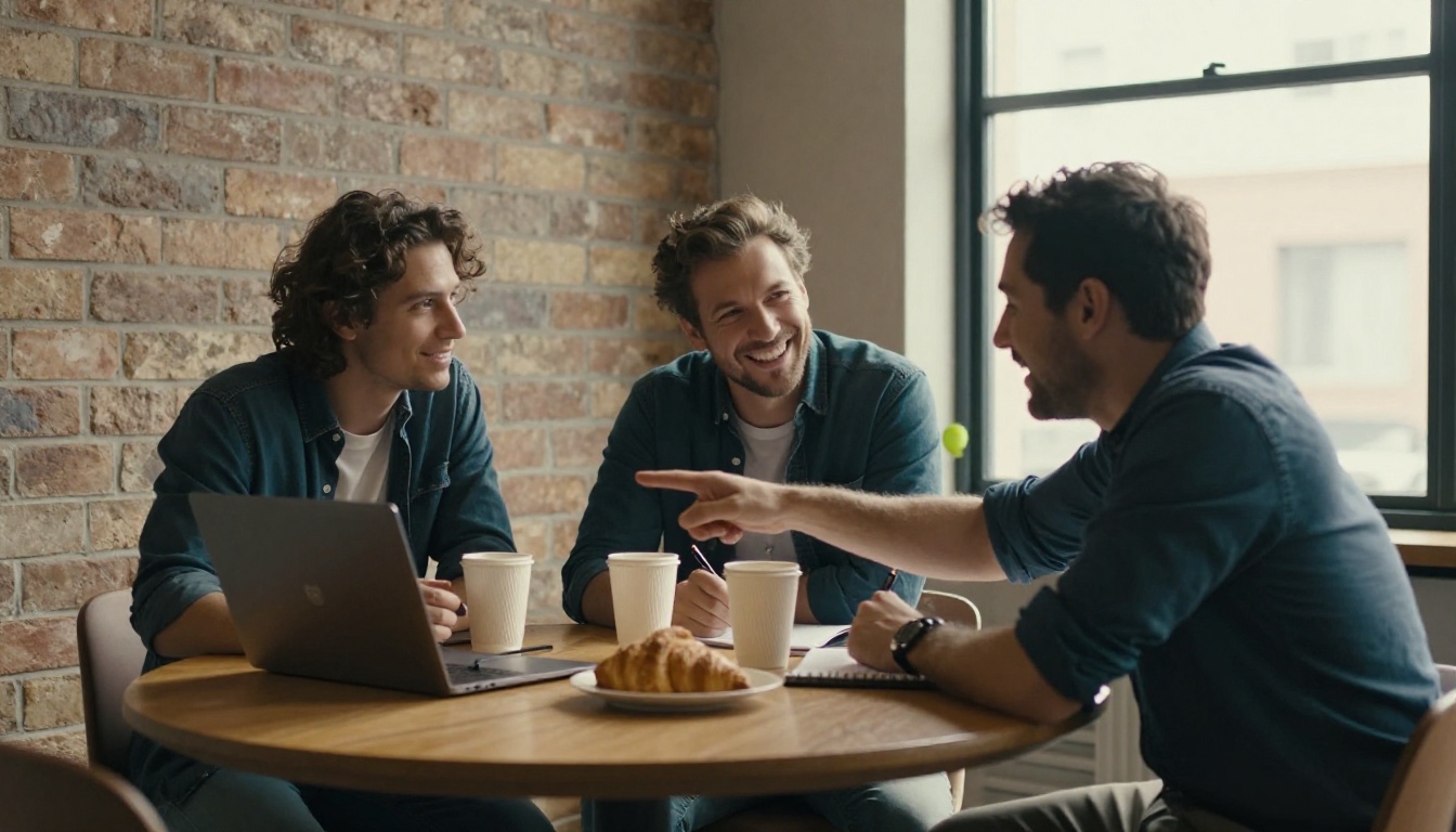 Three colleagues around a round table in a small office reviewing an app on a laptop