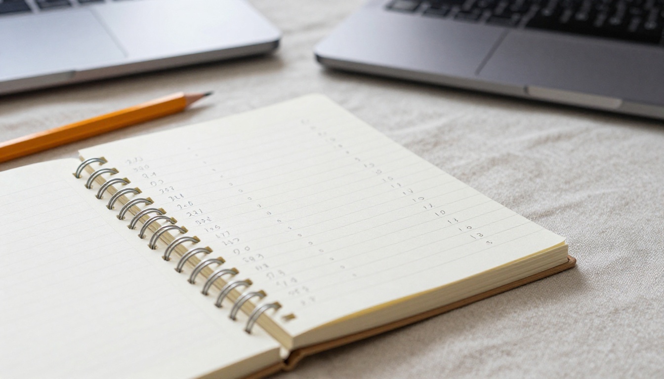 Notebook with handwritten columns of numbers beside a calculator, used to budget Lovable credits