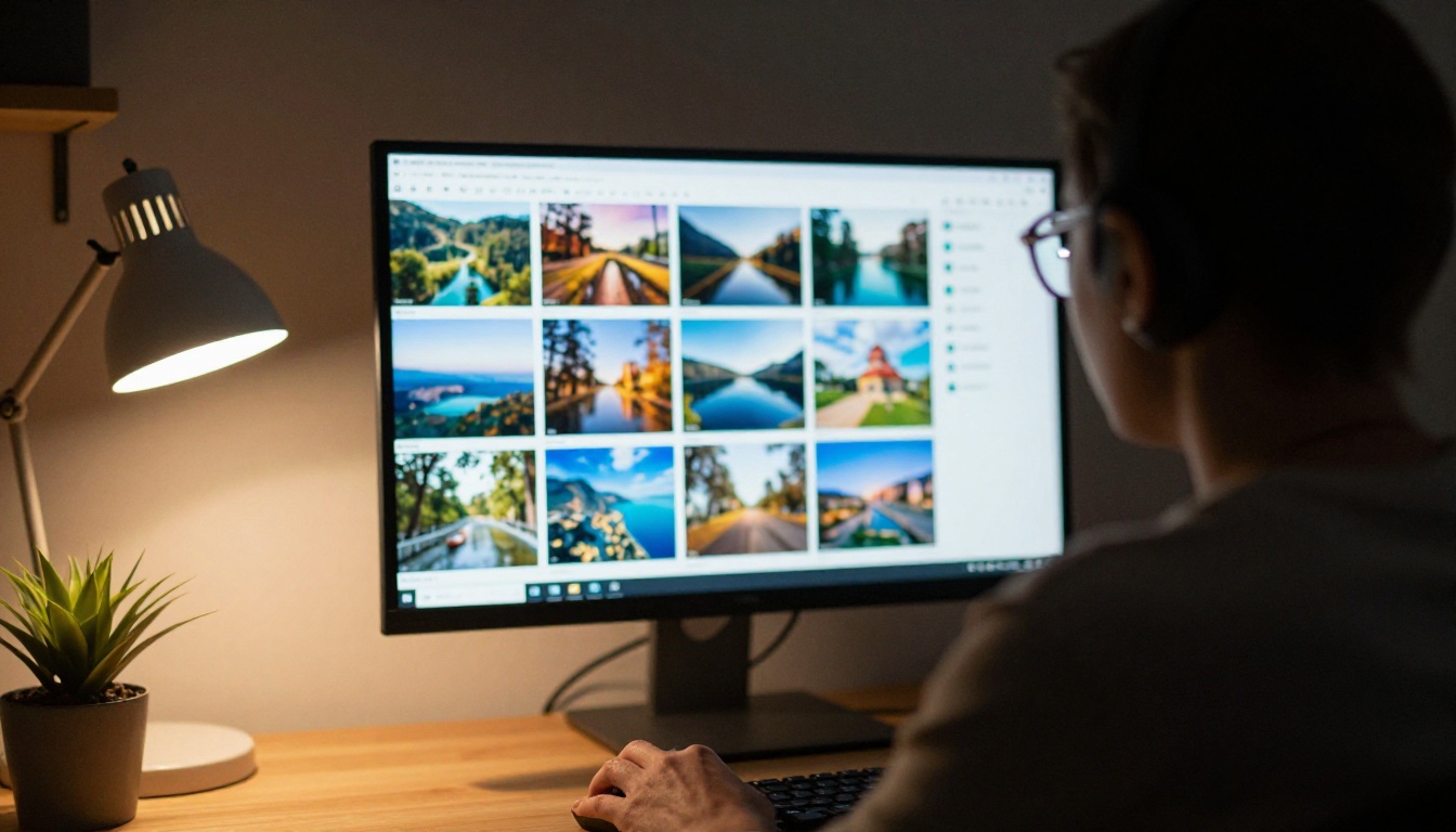 Designer at a monitor showing a gallery of landscape photographs, an app feature built with the Lovable AI connector