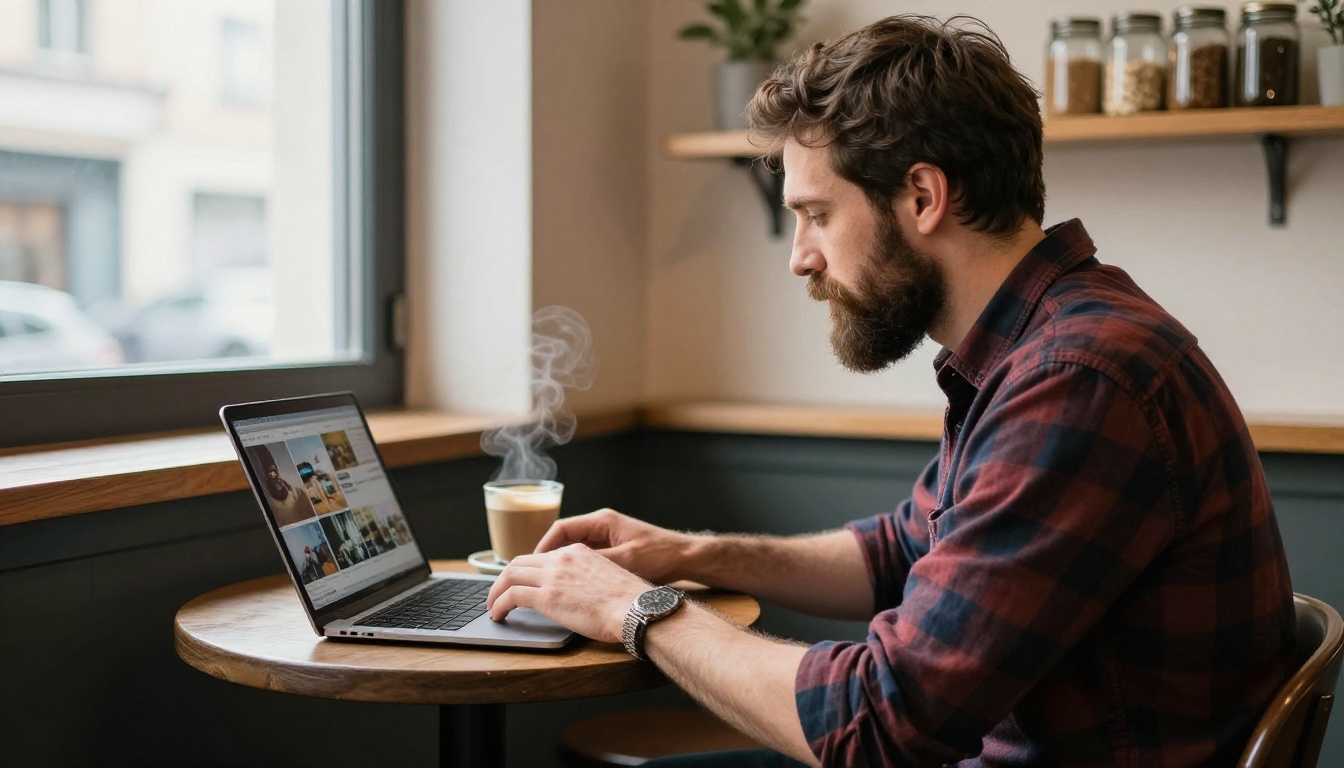 Developer in a corner cafe working on a laptop while a tablet shows a photo gallery, building an image function for a Lovable app