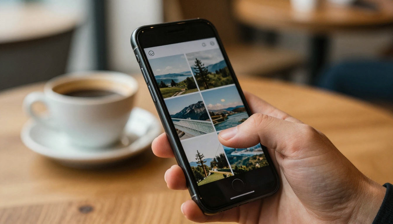Hand holding a smartphone that shows a grid of landscape photographs inside a mobile app