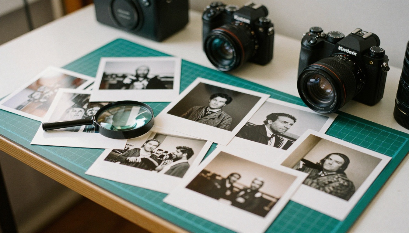 Photographer's table with printed photographs, a loupe and a camera, showing the detail a strong image prompt describes