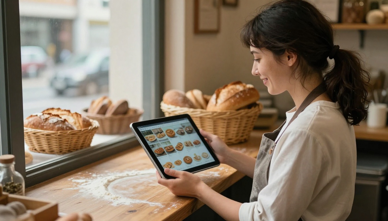 Bakery owner in an apron smiling at a tablet that shows a grid of product photos at her counter
