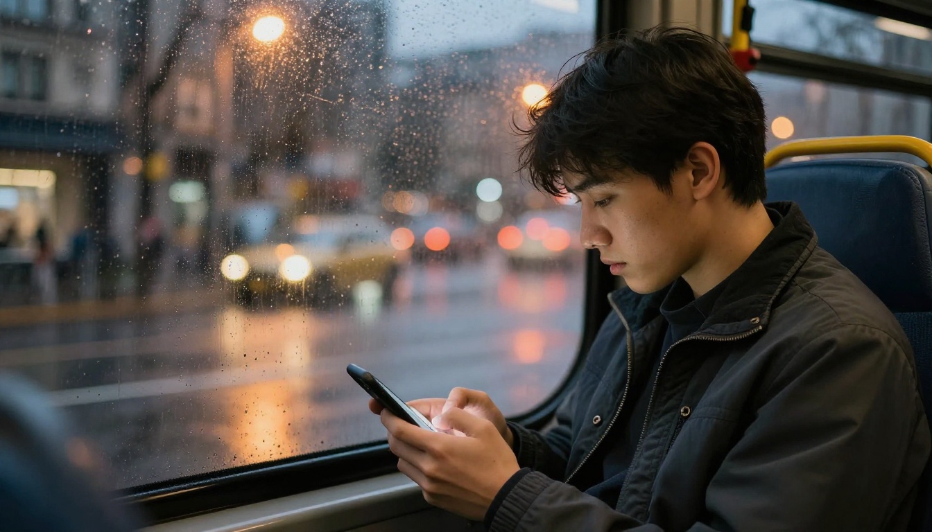 Customer typing a late evening message to a business from a city bus