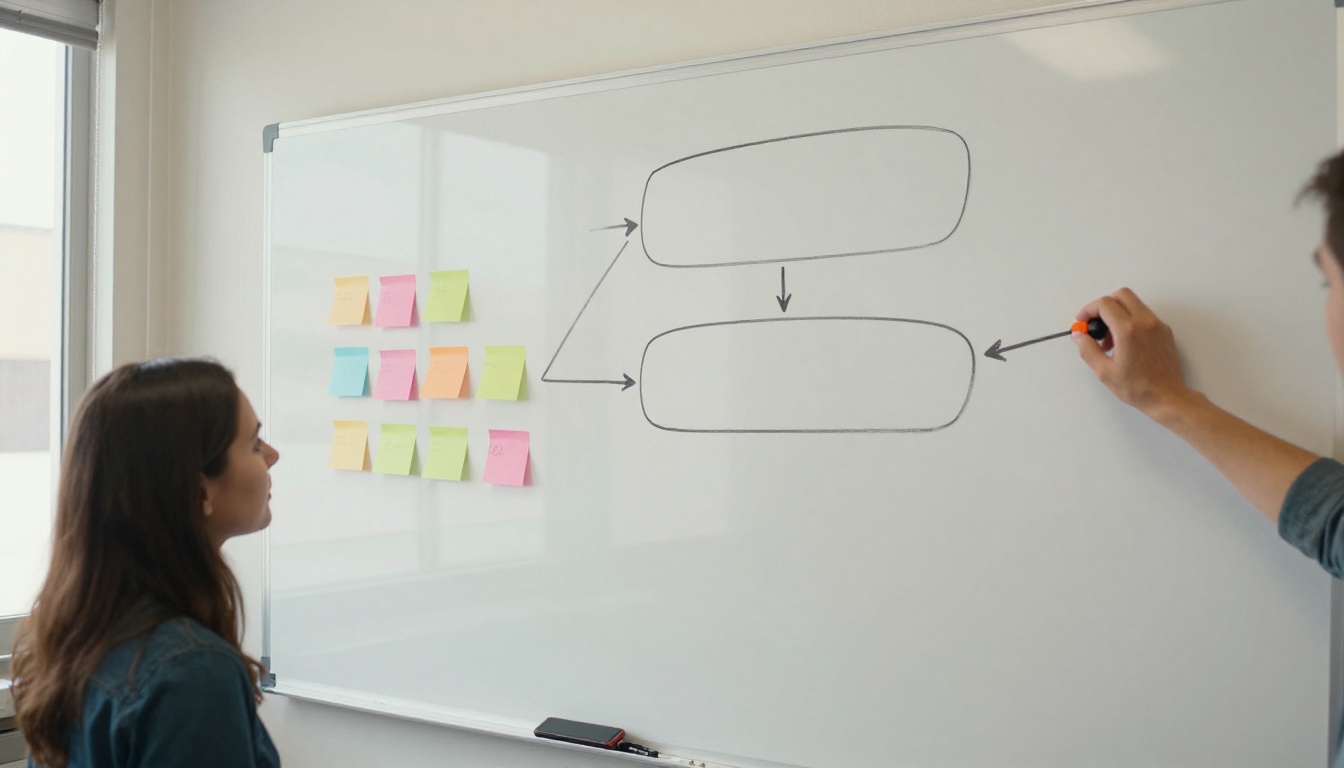 Whiteboard with hand-drawn boxes and arrows planning a WhatsApp bot workflow