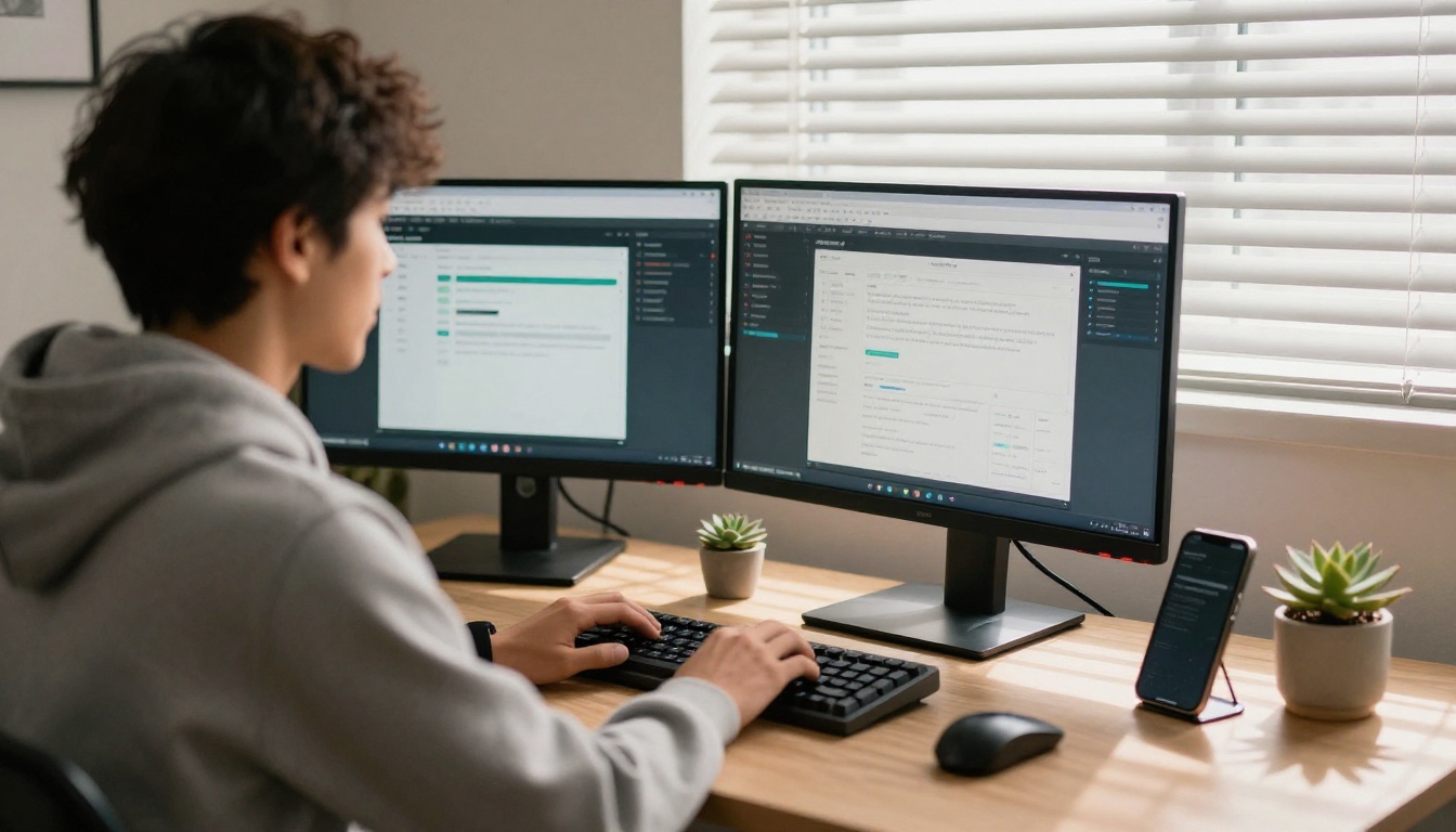 Developer at a desk with two monitors preparing a WhatsApp Business Cloud API connection