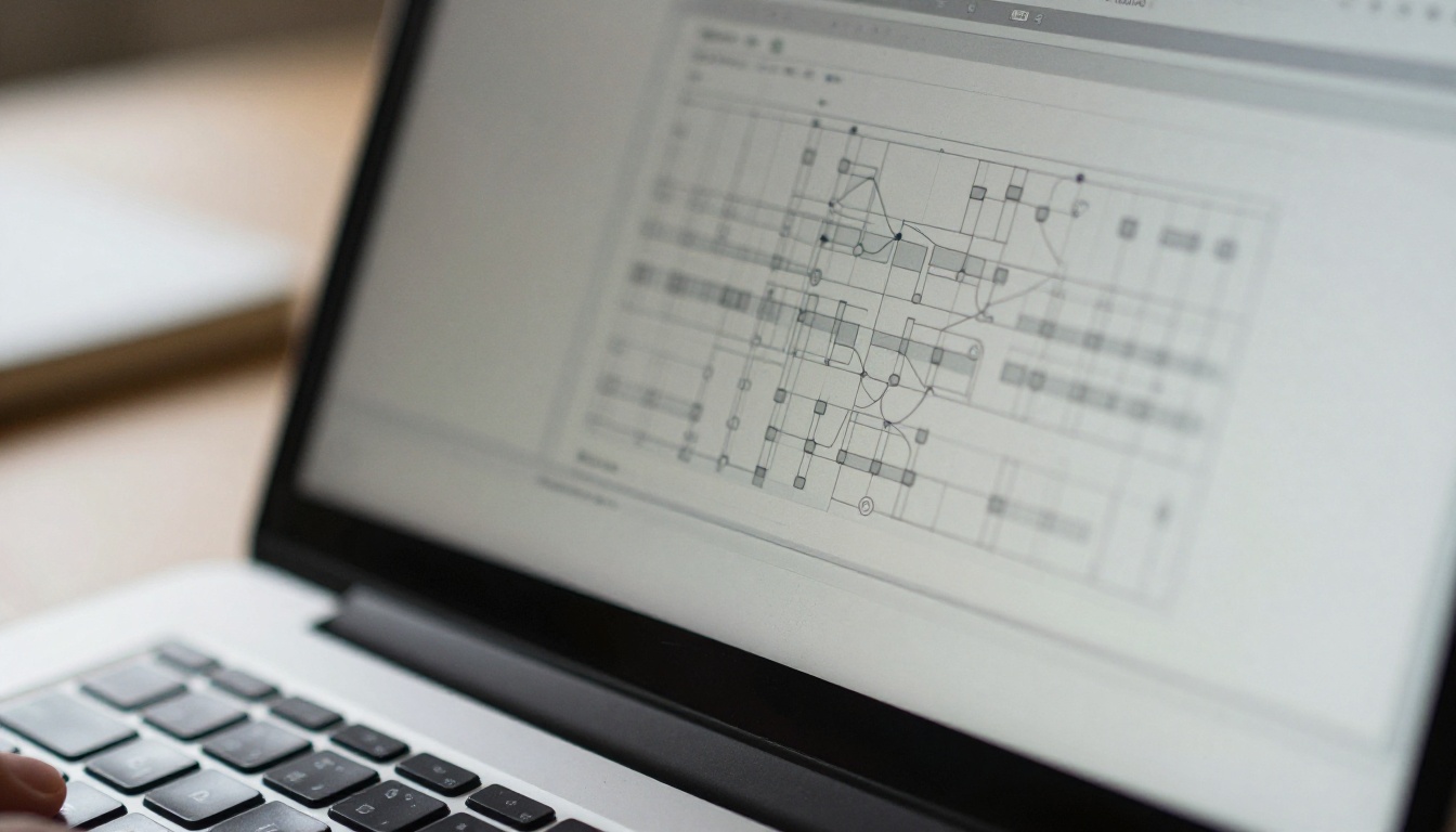 Close-up of a node-based workflow on a laptop screen with fingers on the trackpad