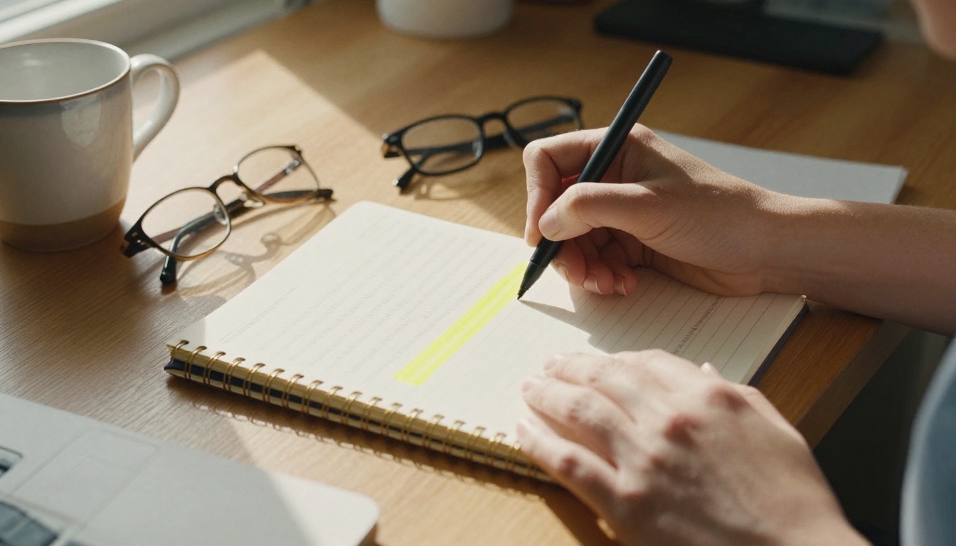 Hands writing notes next to a highlighted printed sheet on a sunlit kitchen table