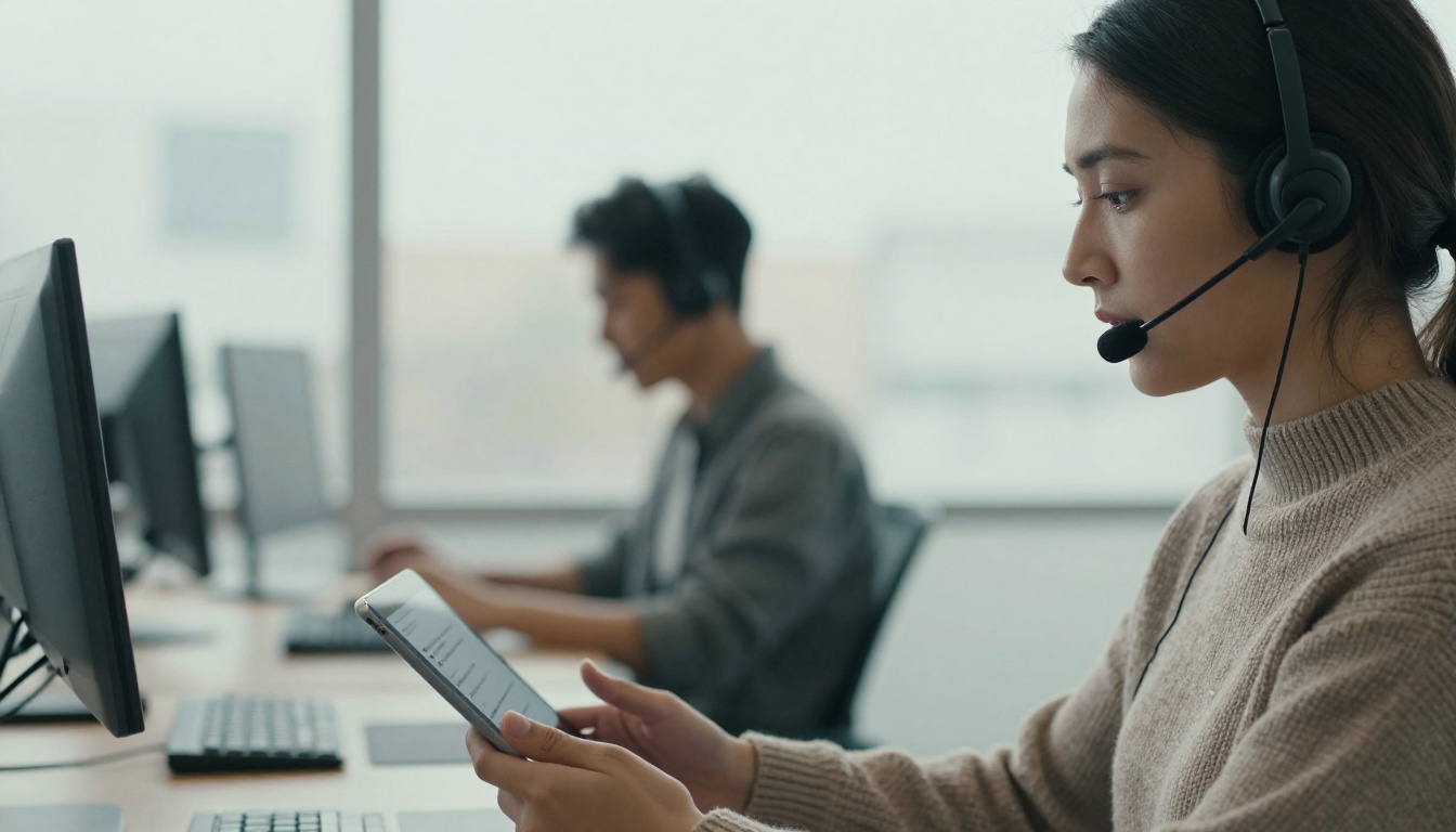 Customer support agent with a headset reading a chat thread on a tablet