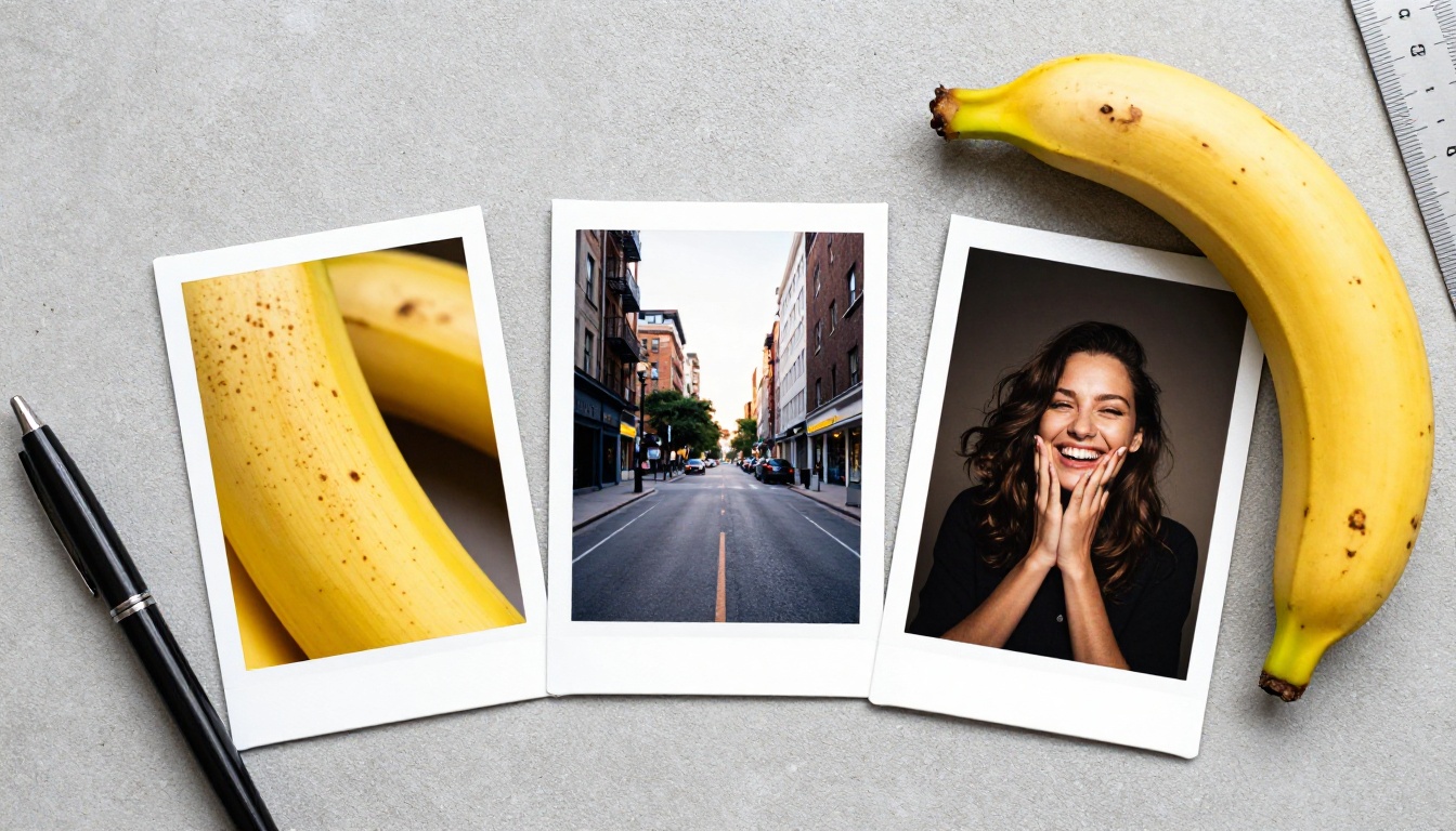 Three printed photographs and a ripe banana arranged on a concrete table
